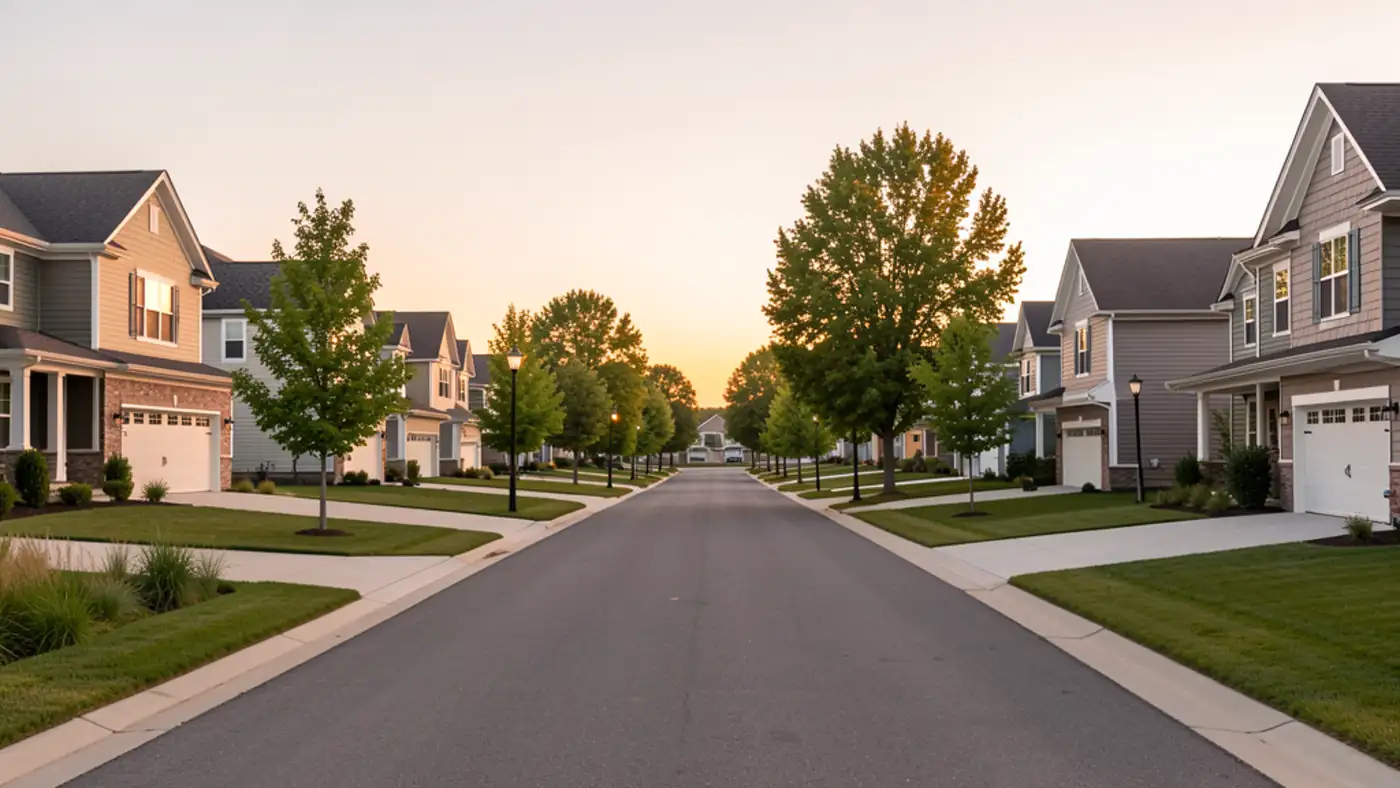 Quiet Waukee-style residential street at sunset with detached homes, sidewalks, and evenly spaced trees