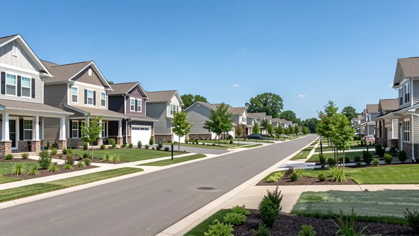 Newer suburban homes along a broad street with young landscaping representing Waukee growth-corridor comparisons