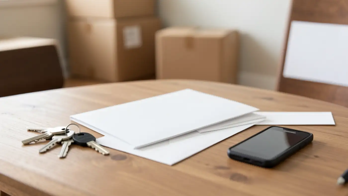 House keys, blank envelopes, a closed folder, and a phone on a table with moving boxes in the background