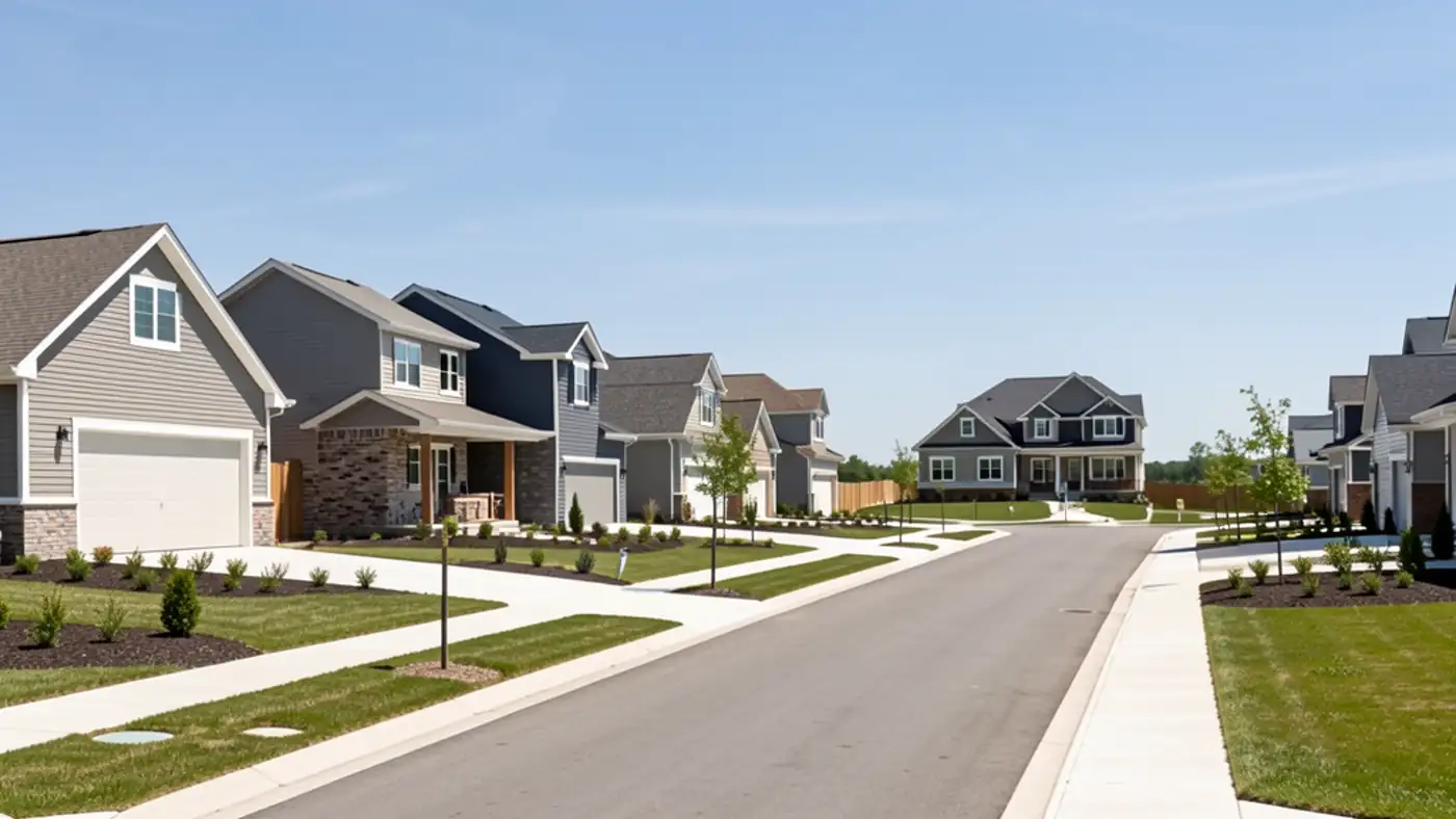 Newer suburban homes along a recently built street with young landscaping in a Waukee-style growth area