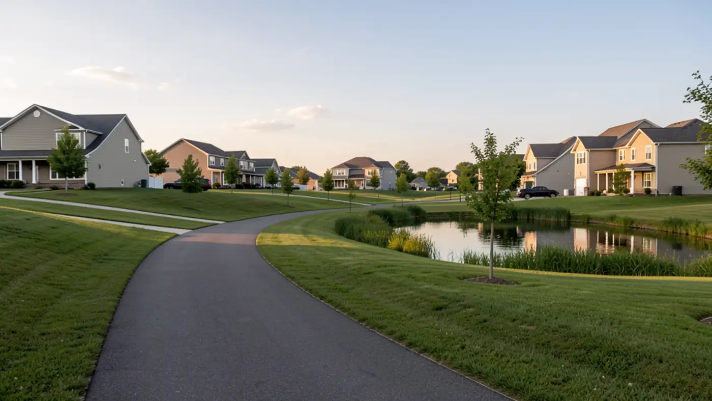 Curving paved trail through suburban green space with nearby homes and open evening sky