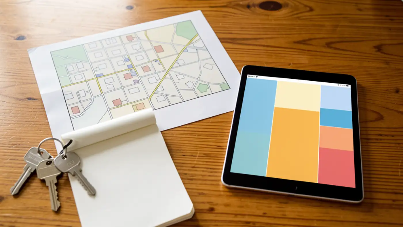 House keys, a plain map sheet, a blank notepad, and a tablet with color blocks for address-check planning