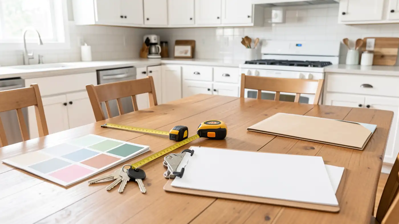 Waukee-area homeowners reviewing a pre-listing plan around a dining table in a bright suburban home