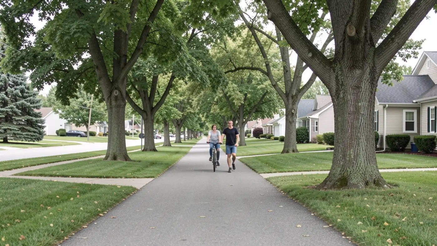 Tree-lined paved neighborhood trail with nearby homes and two people walking and biking